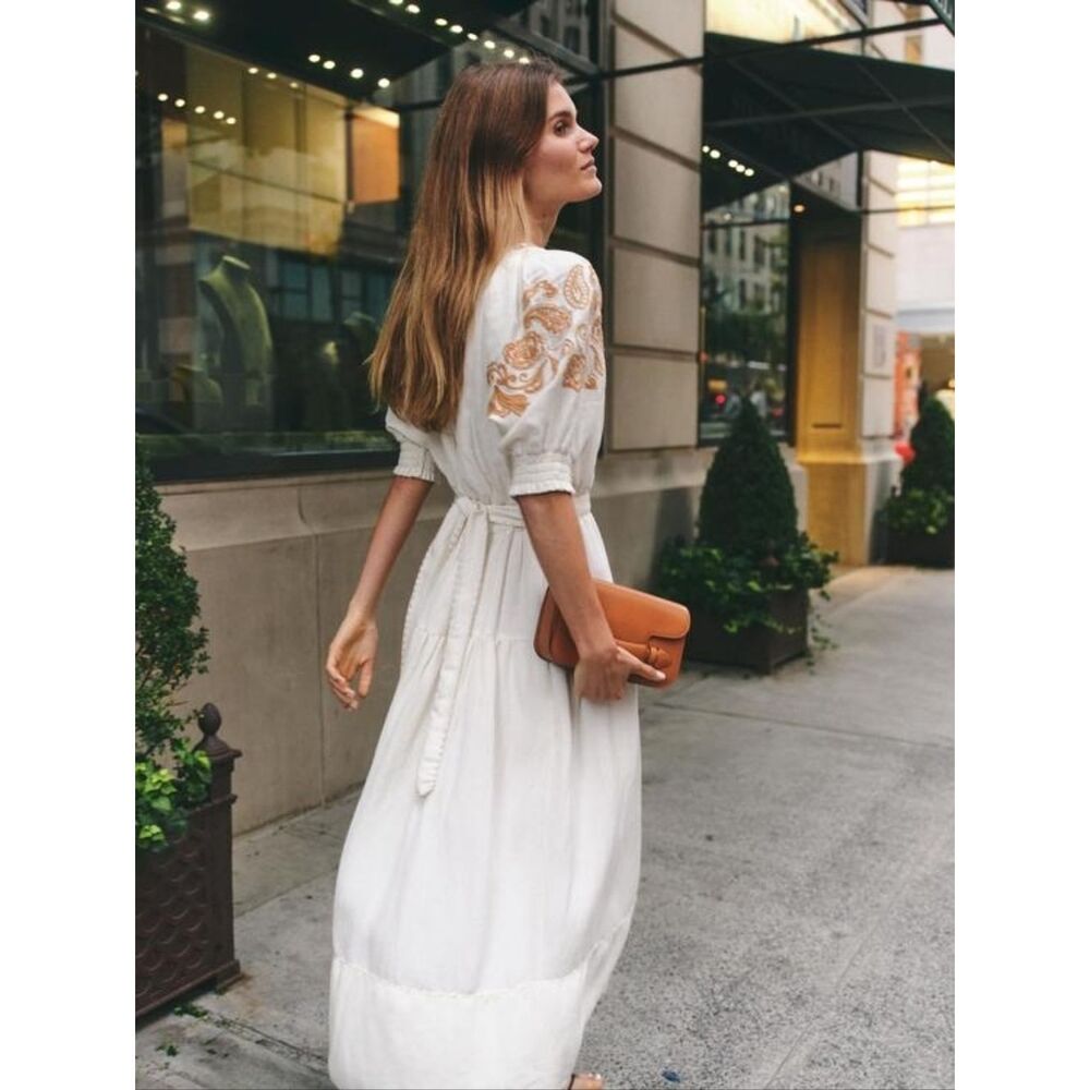 Cartolina Lizette Linen Blend Embroidered Belted Puff Sleeve Ivory Midi Dress M - Picture 3 of 16